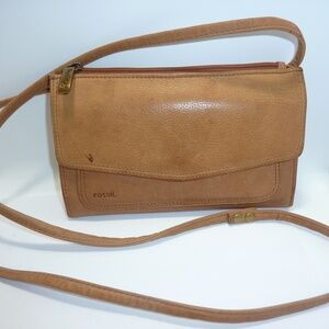 Vtg Fossil Tan Leather Crossbody Purse Shoulder Bag Wallet Organizer Multi Zip